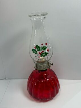 Vintage Red Holly Glass Oil Lamp Rare Eagle burner Holiday Home Accent